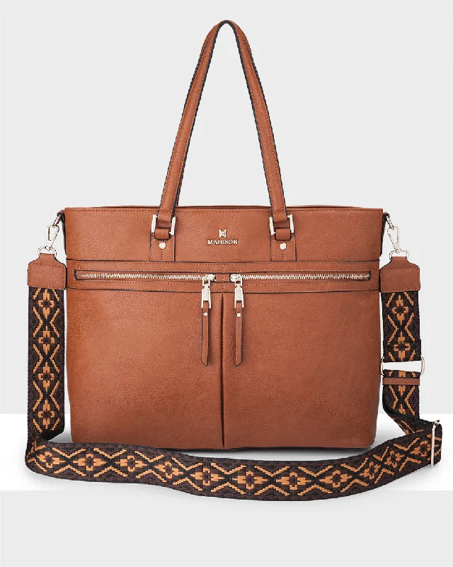 Luxury leather 13 - inch laptop case with gold accents for high - end usersTrish Laptop Tote Work Bag + Aztec Strap