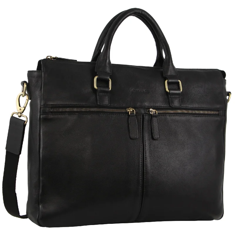 Leather 13 - inch laptop briefcase with a padded sleeve for office usePierre Cardin Rustic Leather Multi-Zipper Computer Bag in Black