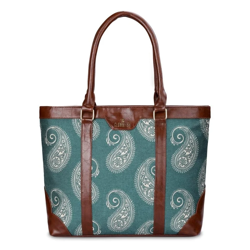 Vintage - style leather 15 - inch laptop satchel for a classic lookTHE CLOWNFISH Miranda Series 15.6 inch Laptop Bag For Women Printed Handicraft Fabric & Faux Leather Office Bag Briefcase Hand Messenger bag Tote Shoulder Bag (Fern Green)