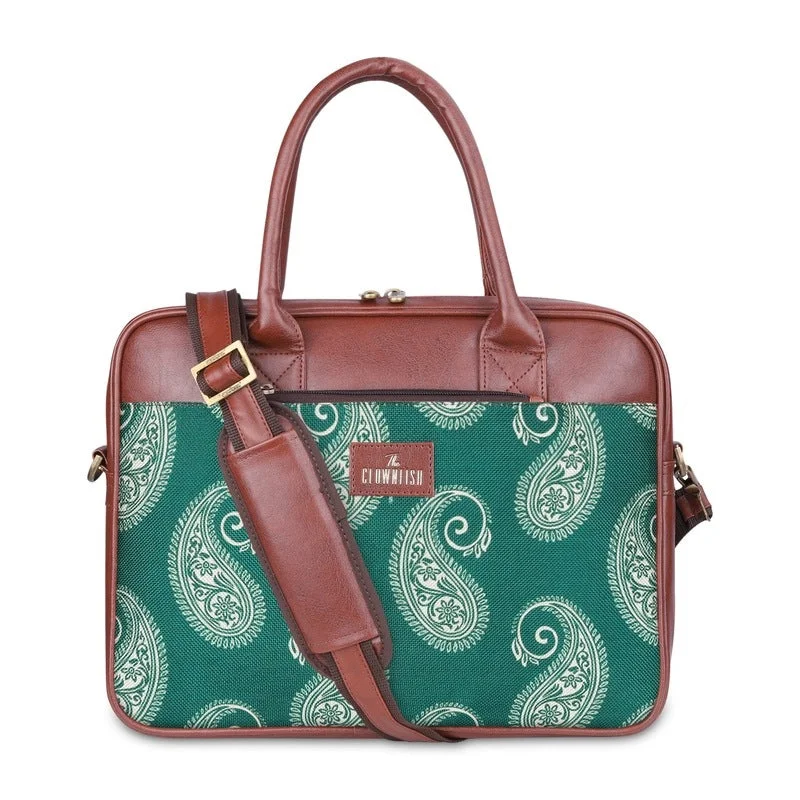 Compact 11 - inch laptop shoulder bag for daily errandsTHE CLOWNFISH Deborah series 15.6 inch Laptop Bag For Women Printed Handicraft Fabric & Faux Leather Office Bag Briefcase Messenger Sling Handbag Business Bag (Fern Green)