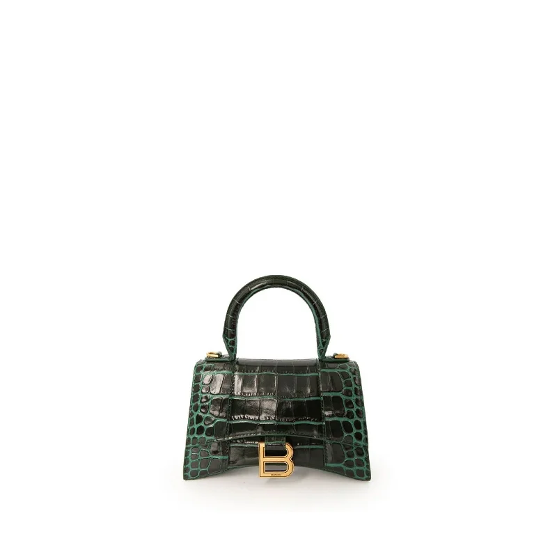 Velvet Bucket Bag in Emerald Green with Crystal - Embellished Strap for a Glamorous Night OutHourglass XS Croco Embossed Bag in Forest Green