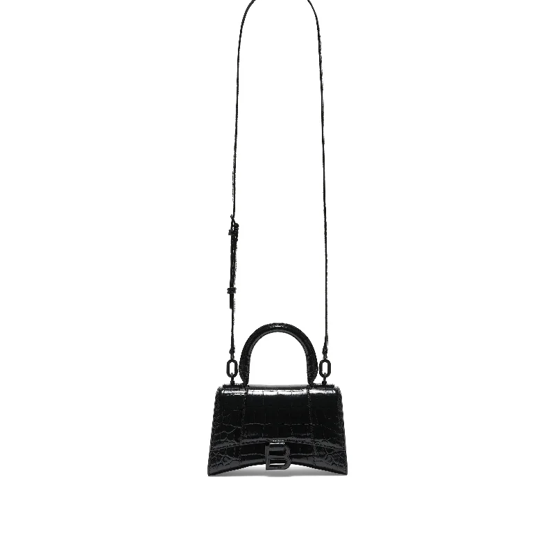 Metallic Bucket Bag in Rose Gold with Chain Strap for a Trendy Party LookHourglass XS Croco Embossed Bag in Black