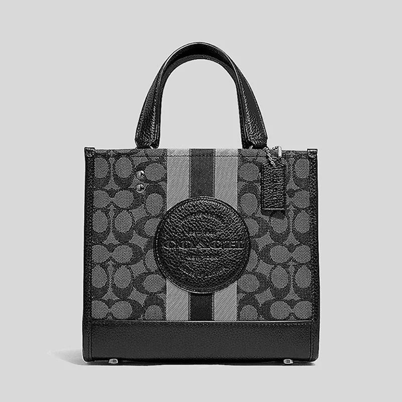 Women's Printed Tote Bag in Floral Patterns for a Spring - Themed Shopping TripCoach Dempsey Tote 22 In Signature Jacquard With Stripe And Coach Patch Smoke Black Multi C8417