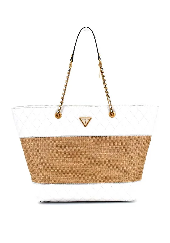 Faux Fur - Trimmed Tote Bag in White for a Cozy Winter LookGuess Delfa Raffia Tote Bag, White