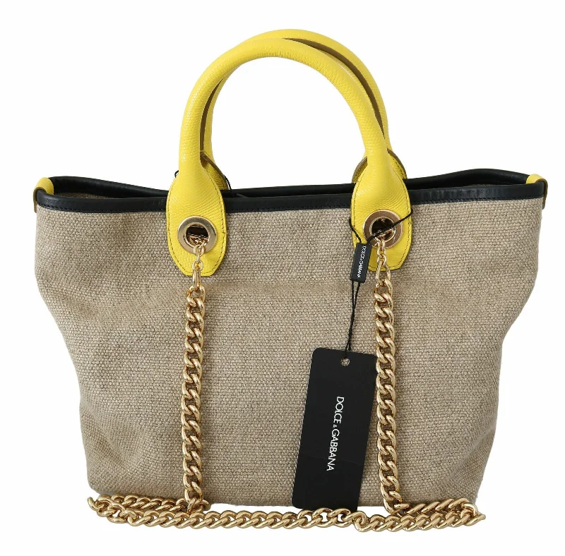 Linen Tote Bag in Natural Beige with Braided Details for a Rustic Summer EnsembleDolce & Gabbana Beige Linen-Calf Tote with Gold Chain