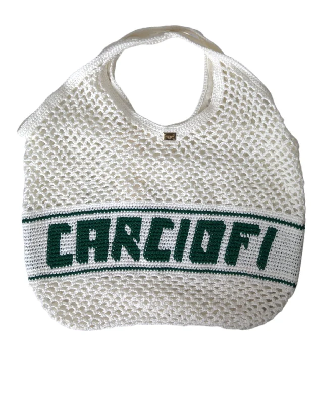 Oversized Jute Tote Bag in Natural Color with Rope Handles for a Beach VacationDolce & Gabbana White Green Knitted Cotton Logo Shopping Tote Bag