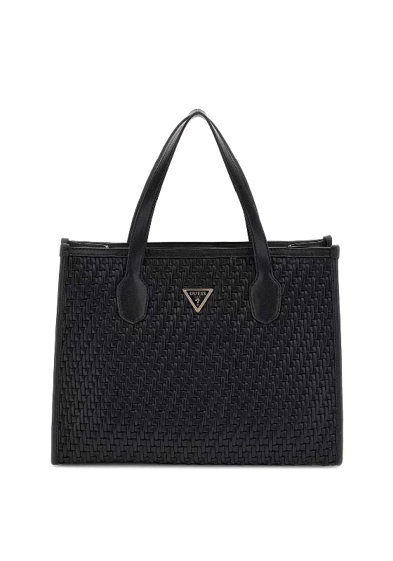 Quilted Tote Bag in Cream with Silver Hardware for a Classic and Sophisticated StyleGuess Silvana Woven Structured Tote Bag, Black