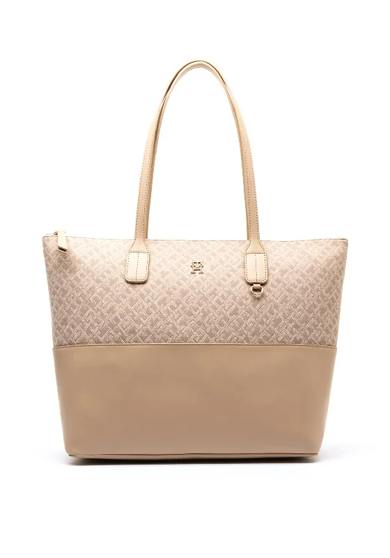 Oversized Jute Tote Bag in Natural Color with Rope Handles for a Beach VacationTommy Hilfiger Jacquard Tote Bag, Beige