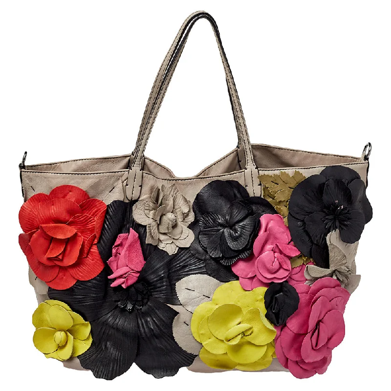 Oversized Jute Tote Bag in Natural Color with Rope Handles for a Beach VacationValentino Leather Floral Applique Tote