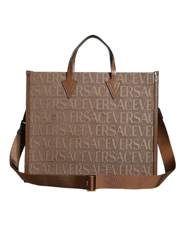 Metallic Tote Bag in Rose Gold with Chain Handles for a Glamorous Night OutVersace Brown Top Handle Jacquard Leather Logo Crossbody Tote Bag