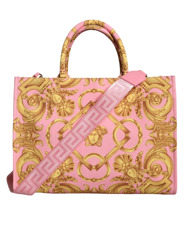 Monogrammed Tote Bag in Brown Leather with Personalized Initials for a Custom and Elegant TouchVersace Pink Printed Large Fabric Leather Shopping Tote Bag