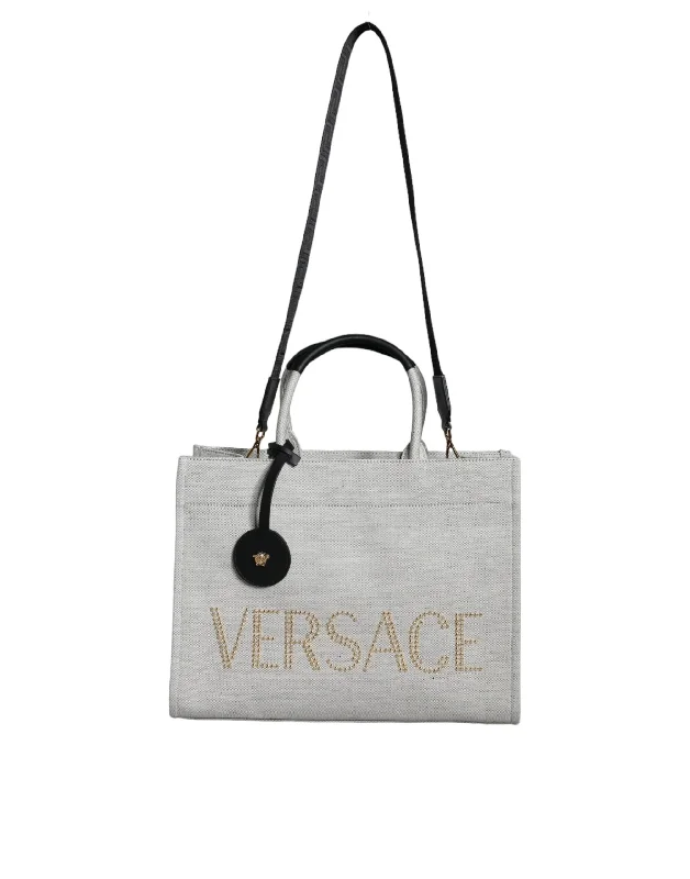 Oversized Jute Tote Bag in Natural Color with Rope Handles for a Beach VacationVersace White Top Handle Canvas Leather Logo Crossbody Tote Bag