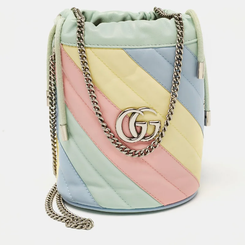 Satin Bucket Bag in Champagne with Rhinestone - Studded Logo for a Special OccasionGucci Multicolor Diagonal Leather Mini Gg Marmont Bucket Bag