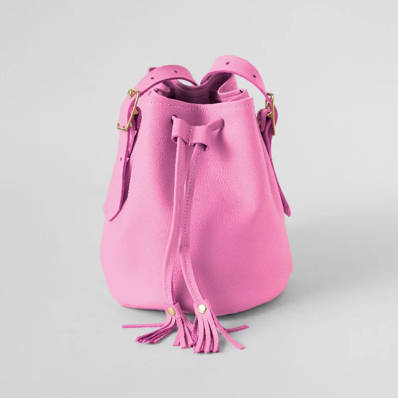 PVC Bucket Bag in Clear with Glitter Accents for a Fun and Edgy StylePink Italian Pebbled Bucket Bag