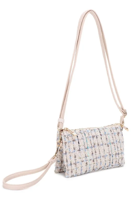 Medium - sized Canvas Crossbody Bag in Beige with Floral Print for Spring OutingsFC20643 Tweed Three Compartment Crossbody Bag