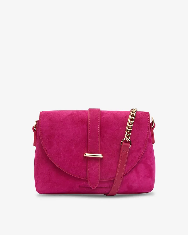 Women's Crossbody Bag with Zippered Pocket on the Back in Red for SecurityMini Audrey - Hot Pink Suede