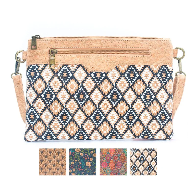 Women's Crossbody Bag with Multiple Compartments in Gray for Organized Daily UseNatural Cork with Printed Design - Women's Crossbody and Clutch BAG-2248